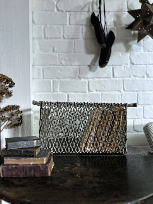 Vintage industrial galvanised wire rectangular handled basket