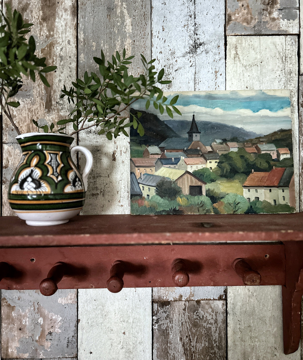 French Vintage landscape oil painting French hilltop village