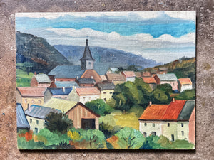 French Vintage landscape oil painting French hilltop village