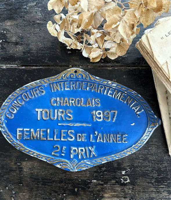 Blue metal French Agricultural competition award sign plaque