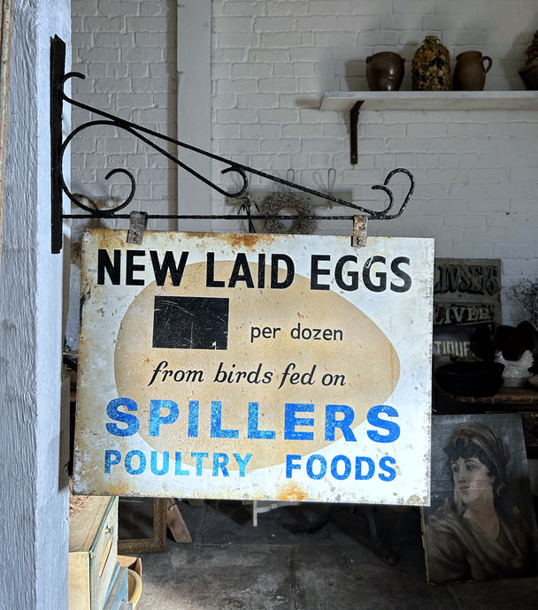 Vintage mid Century double sided farm shop egg advertising metal sign on bracket