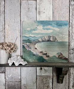 Antique French naive seascape coastal oil painting on board Etretat Normandy Scene