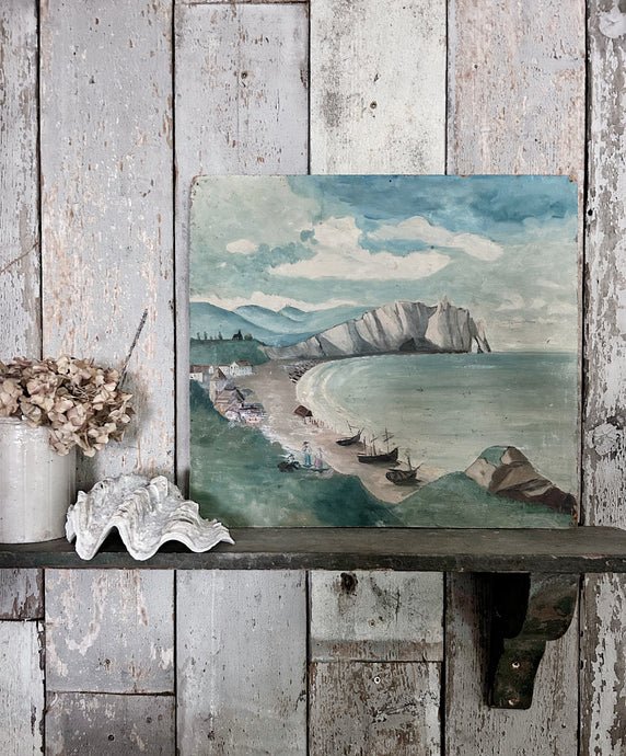 Antique French naive seascape coastal oil painting on board Etretat Normandy Scene