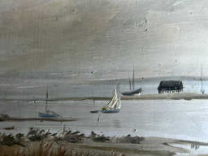 Vintage oil painting Essex marshes Mersea Island boats