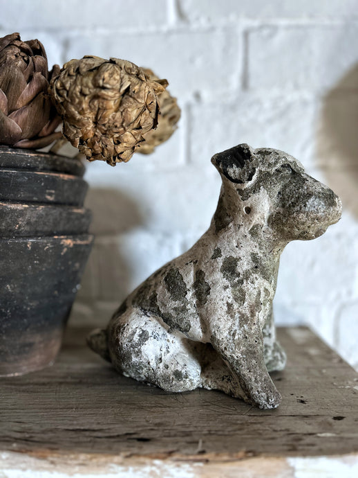 Vintage reconstituted stone patch puppy dog english decorative weathered garden ornament