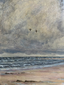 Vintage seascape coastal framed oil painting on board signed Irving