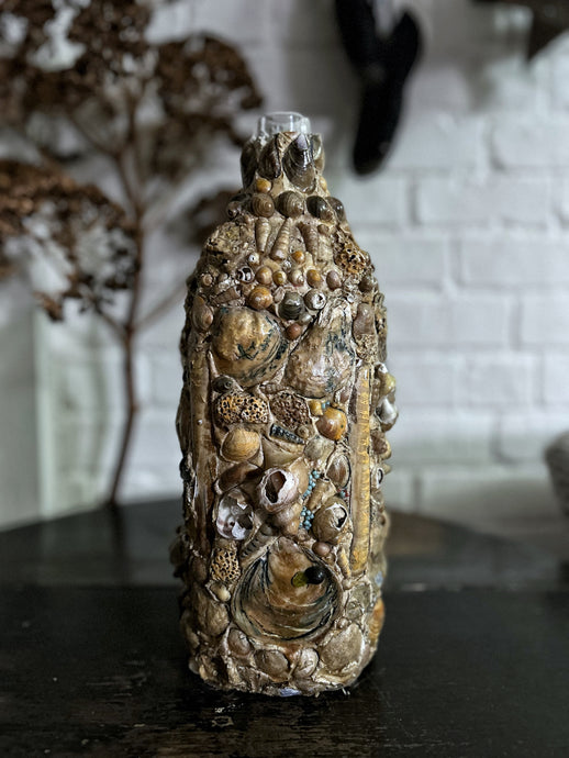 Vintage shell covered memory bottle vase Grotto art
