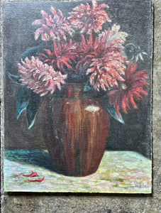 Vintage still life floral oil painting Chrysanthemum flowers signed