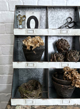 Load image into Gallery viewer, Vintage style industrial galvanised metal pigeon hole gardeners potting shelf