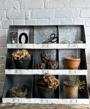 Load image into Gallery viewer, Vintage style industrial galvanised metal pigeon hole gardeners potting shelf