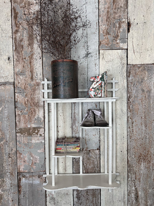 Vintage white painted, decorative, wooden wall hanging shelf unit