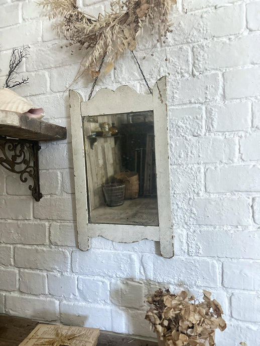 Vintage white painted wooden decorative shaped mirror with original hanging chain