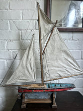 Load image into Gallery viewer, Vintage wood &amp; metal red blue pond yacht on stand