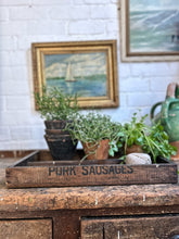 Load image into Gallery viewer, Vintage wooden butchers tray pork sausages stencilled front