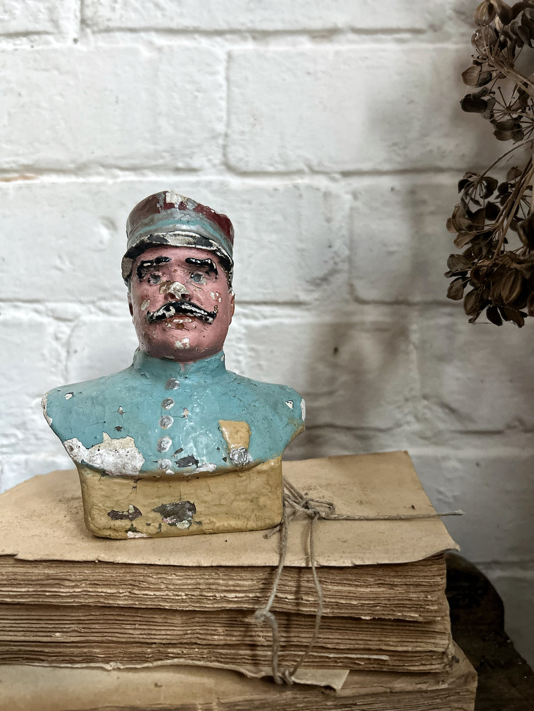 Antique WW1 French military soldier chalk bust overpainted figure