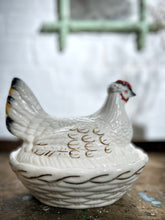 Load image into Gallery viewer, White antique mid 19th Century Staffordshire pottery hen tureen on nest