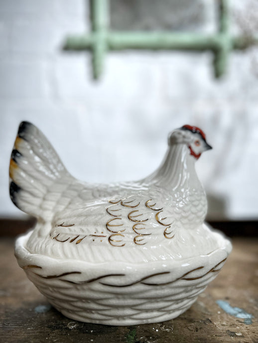 White antique mid 19th Century Staffordshire pottery hen tureen on nest