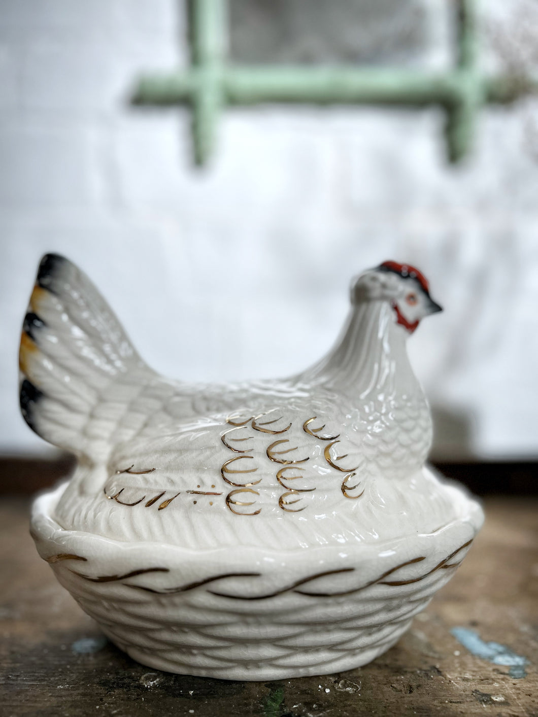 White antique mid 19th Century Staffordshire pottery hen tureen on nest