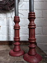 Load image into Gallery viewer, Wooden turned Scandinavian red painted vintage candlesticks