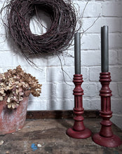 Load image into Gallery viewer, Wooden turned Scandinavian red painted vintage candlesticks