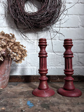 Load image into Gallery viewer, Wooden turned Scandinavian red painted vintage candlesticks