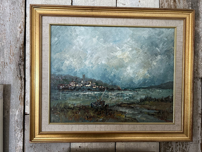 Cornish School Mid century abstract landscape oil painting on board Lelant Saltings Yram Allets (Mary Stella)