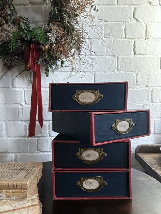 Antique 1920's French red and blue cardboard desk top storage drawers with brass handle detail