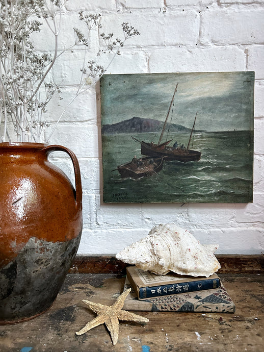 Antique signed & dated 1920 sailor boats seascape oil painting on canvas
