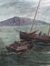 Load image into Gallery viewer, Antique signed &amp; dated 1920 sailor boats seascape oil painting on canvas