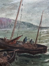 Load image into Gallery viewer, Antique signed &amp; dated 1920 sailor boats seascape oil painting on canvas