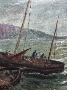 Antique signed & dated 1920 sailor boats seascape oil painting on canvas