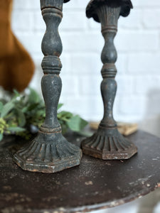 Antique cast iron heavy black fluted scalloped top pair candlesticks