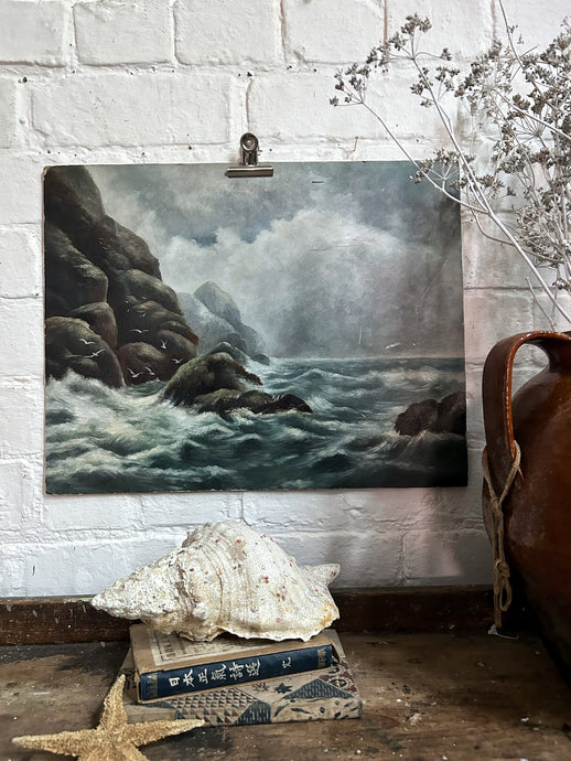 antique modernist early 20th Century seascape oil painting on card