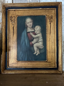 A VINTAGE BELGIUM RELIGIOUS PRINT ON WOOD WITH GILDED ART NOVEAU FRAME