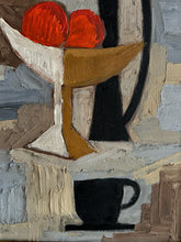 Load image into Gallery viewer, Cubist mid Century still life oil painting on panel apples and jug