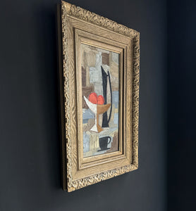 Cubist mid Century still life oil painting on panel apples and jug