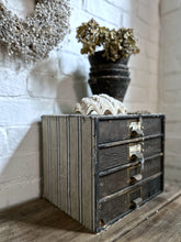 Load image into Gallery viewer, Vintage desk top stationary drawers with original labels and striped fabric detail