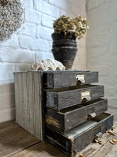 Load image into Gallery viewer, Vintage desk top stationary drawers with original labels and striped fabric detail