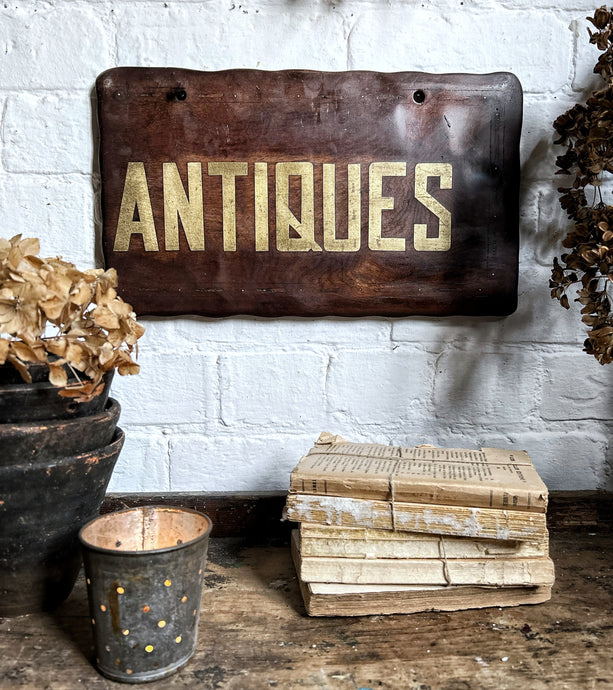 Early 20th Century Brass inlay hardwood Antiques shop sign