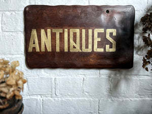 Early 20th Century Brass inlay hardwood Antiques shop sign