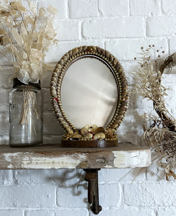 vintage shell covered wooden dressing table mirror on stand