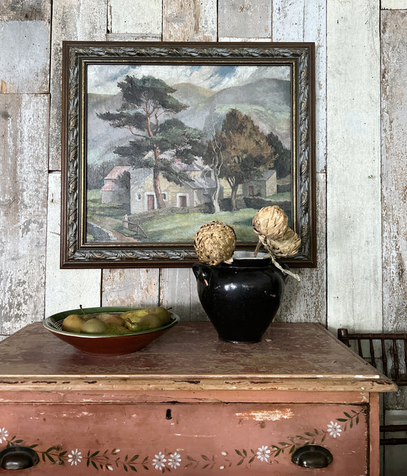 A large 1930's Bloomsbury style landscape oil painting on stretched canvas