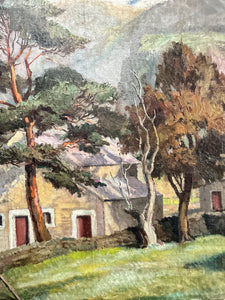 A large 1930's Bloomsbury style landscape oil painting on stretched canvas