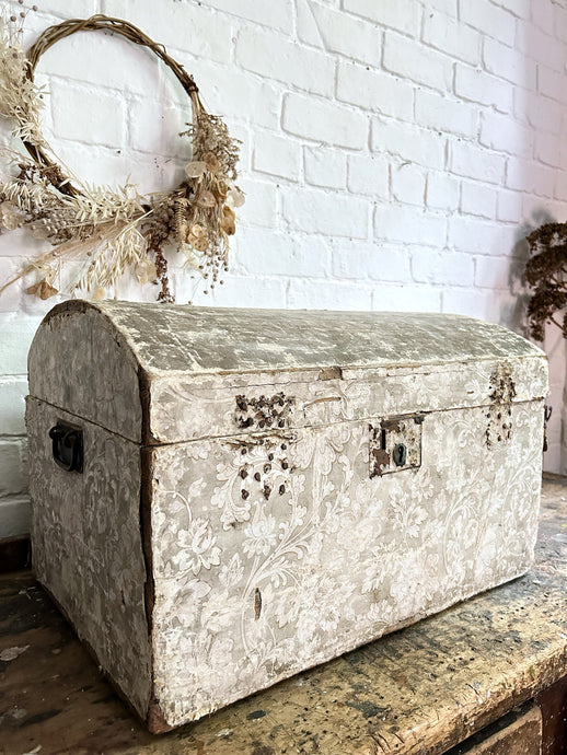 Antique late 19th Century French wooden trunk chest covered with original decorative paper