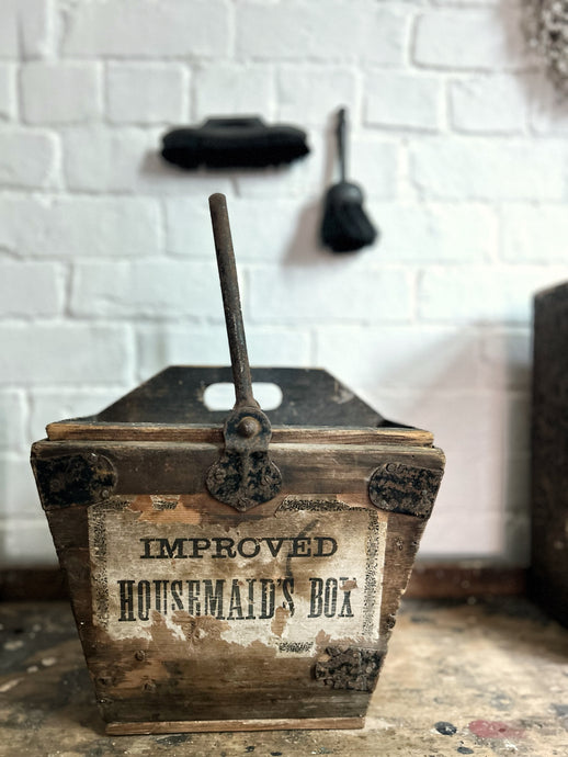 Late 19th century antique pine housemaids wooden box with inner tray and two original brushes