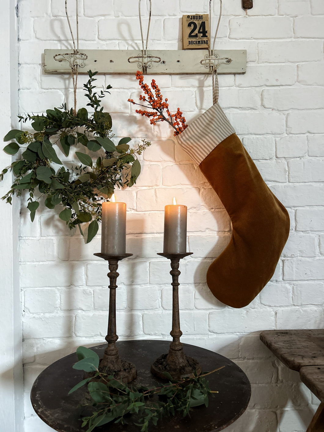 velvet ochre, hazel, brown,umber christmas stocking neutral striped top