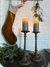 Load image into Gallery viewer, Pair Antique solid cast iron pillar prickett candles black rusty patina