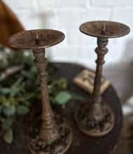 Load image into Gallery viewer, Pair Antique solid cast iron pillar prickett candles black rusty patina