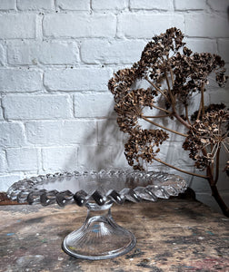 Vintage pressed glass 1930's ribbed cake stand with fluted edge