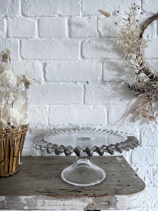 Vintage pressed glass 1930's ribbed cake stand with fluted edge